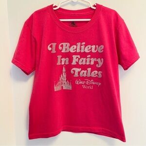 Disney Parks Girl's Pink & Silver Glitter "I Believe In Fairy Tales" T-Shirt S